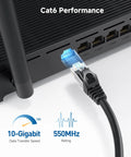 Cat6 Ethernet cable, 25ft, black, snagless RJ45 plugged into router WAN port (installed view)
