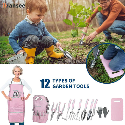 Pink 12 Piece Garden Tool Set With Aluminum Hand Tools Non Slip Handles Includes Kneeling Pad Apron Gloves And Organizer Bag