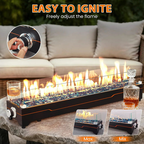 Tabletop Propane Fire Pit 50k BTU For Patio And Camping 36 Inch Long Fire Pit Table With Glass Wind Guard And Flame Control