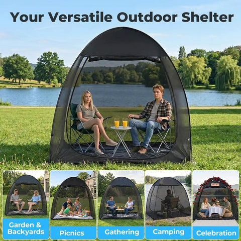 Pop Up Screen Tent 6x6 Feet Black Mesh Gazebo With Peaked Roof in use at a park with two people inside.
