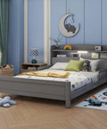 Full Pine Wood Bed With Bookcase Headboard And LED Motion Sensor Light Gray Finish Built In Guardrails in modern bedroom