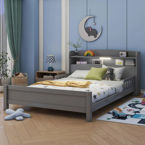 Full Pine Wood Bed With Bookcase Headboard And LED Motion Sensor Light Gray Finish Built In Guardrails in modern bedroom