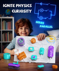 Child holding Hands On Electric Circuit Kit With Over 450 DIY Projects And 45 Parts For Kids Ages 4 To 12, showing circuit assembly.