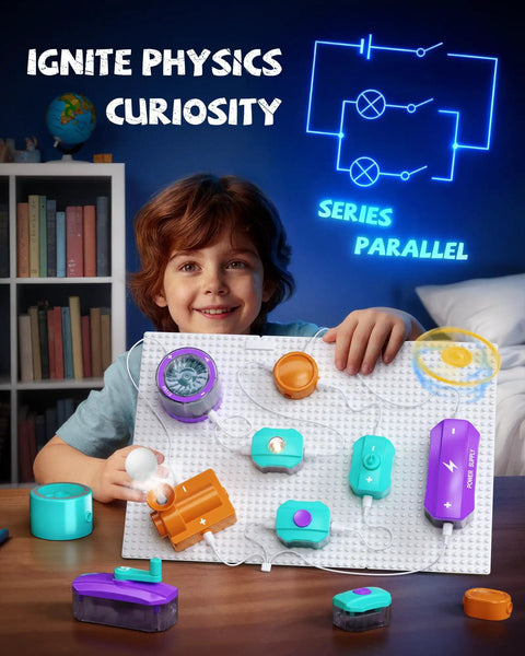 Child holding Hands On Electric Circuit Kit With Over 450 DIY Projects And 45 Parts For Kids Ages 4 To 12, showing circuit assembly.