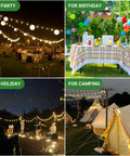 2 Pack 9 Ft Outdoor String Light Poles With Adjustable Height And Wide Top Hook For Deck Backyard Parties Christmas Garden Ambiance, showing usage in party, birthday, holiday, and camping settings with tents and tables.