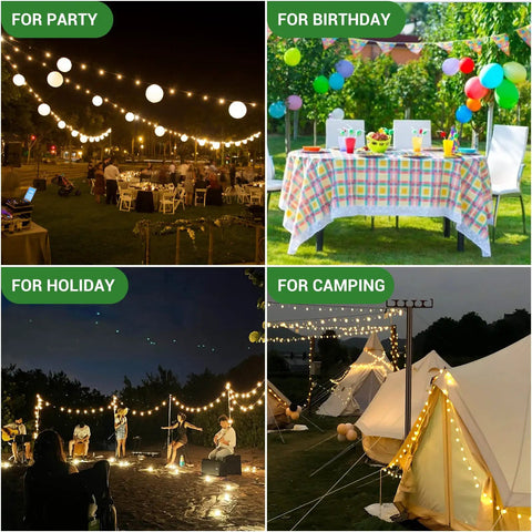 2 Pack 9 Ft Outdoor String Light Poles With Adjustable Height And Wide Top Hook For Deck Backyard Parties Christmas Garden Ambiance, showing usage in party, birthday, holiday, and camping settings with tents and tables.