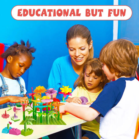 Children playing with Flower Garden Building Toy With Insect Pegs 153 Piece STEM Stacking Pretend Play Set For Preschoolers