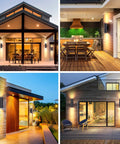 Outdoor Wall Lights 4 Pack Integrated LED Cylinder Up Down Lights 12W 2700K Aluminum Exterior Wall Fixture 1200lm Output for Porch Patio Door IP65 Waterproof Matte Black illuminating a modern patio and house exterior in the evening.