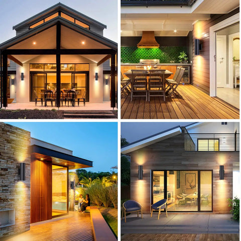 Outdoor Wall Lights 4 Pack Integrated LED Cylinder Up Down Lights 12W 2700K Aluminum Exterior Wall Fixture 1200lm Output for Porch Patio Door IP65 Waterproof Matte Black illuminating a modern patio and house exterior in the evening.