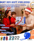 Family exchanging Totally 15 Ft Flexible Race Track Set For Kids 3 Plus with 8 Cars and 4 Suction Cups, blue gift package.