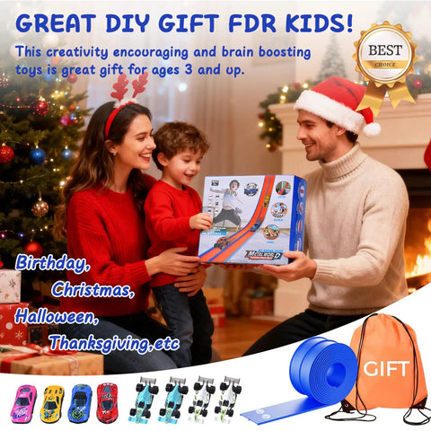 Family exchanging Totally 15 Ft Flexible Race Track Set For Kids 3 Plus with 8 Cars and 4 Suction Cups, blue gift package.