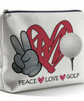 Golf Themed Makeup Bag For Women Peace Love Golf Cosmetic Pouch Travel Toiletry Organizer For Golf Lovers Players And Coaches Perfect Gift For Fans And Team Travel Accessories with peace sign, heart, and golf ball graphic.