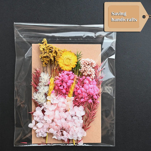 Self Sealing Cellophane Bags For 8.5x11 Photo Mats, Clear Reclosable Sleeves, 100 Pack, displaying colorful pressed flowers inside