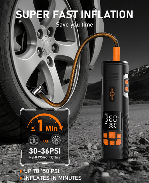 Cordless Tire Inflator Portable Air Compressor With 150 PSI Auto Shutoff LED Light And Digital Pressure Gauge inflating car tire