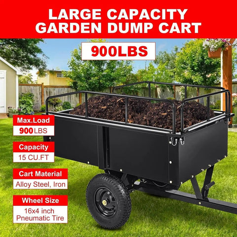 Heavy Duty Steel Dump Cart For UTV Tow Behind Utility Trailer 900 Lbs Capacity 15 Cu Ft with mulch in a garden setting