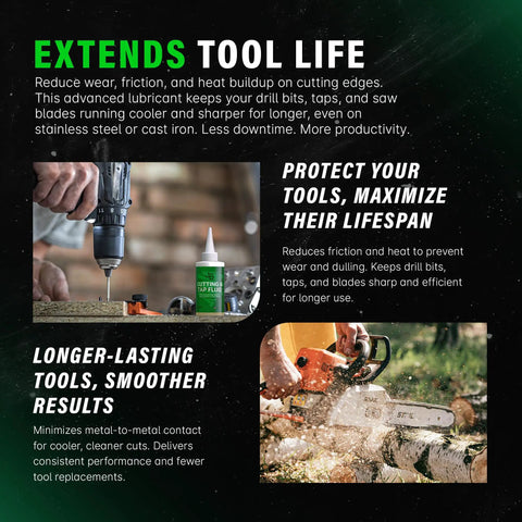 Cutting And Tapping Fluid 4 Oz High Performance Lubricant For Drilling Tapping Threading Sawing Milling And Machining All Metals Keeps Tools Cool And Sharp For Longer Life Of Drill Bits Taps And Cutters, shown in use with a drill and chainsaw.