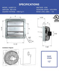 Diagram of 12 Inch Wall Mounted Exhaust Fan With Variable Speed And 960 CFM For Up To 1400 Sq Ft Coverage, ready to install vent.