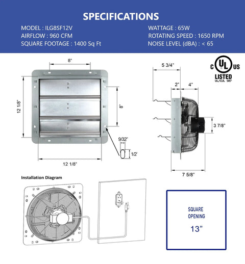 Diagram of 12 Inch Wall Mounted Exhaust Fan With Variable Speed And 960 CFM For Up To 1400 Sq Ft Coverage, ready to install vent.