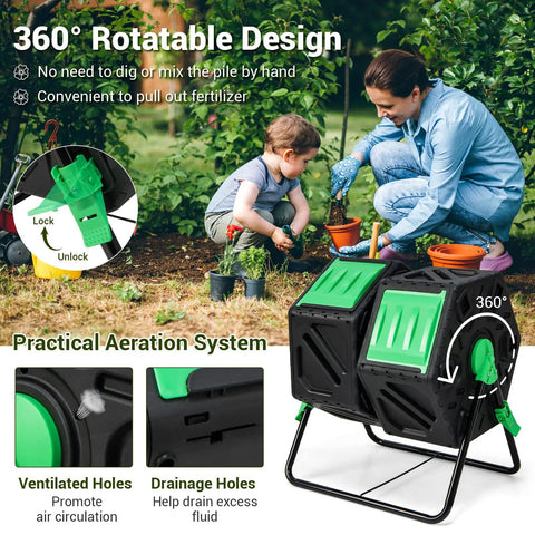 Dual Chamber Compost Tumbler With 34 Point 5 Gallon Capacity, Outdoor Rotating Composter With Aeration And Two Sliding Doors