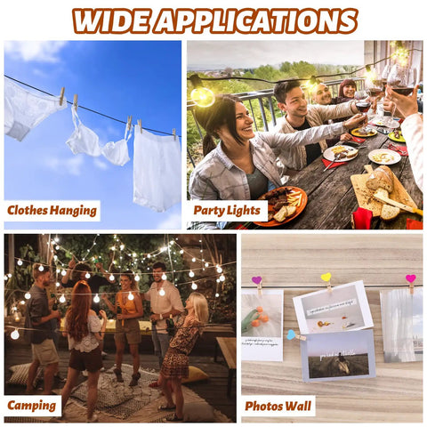 All In One Outdoor String Light Hanging Kit With 300 Ft Nylon Coated Stainless Steel Cable And Essential Accessories For Patio Backyard And Camping Lights Guide Wire System used for various applications including party lighting and clothes hanging.