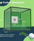 Backyard Golf Practice Net Cage With Metal Frame Auto Ball Return Easy Setup Hitting Net Kit dimensions displayed with green net.