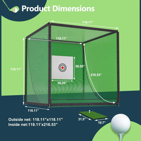Backyard Golf Practice Net Cage With Metal Frame Auto Ball Return Easy Setup Hitting Net Kit dimensions displayed with green net.