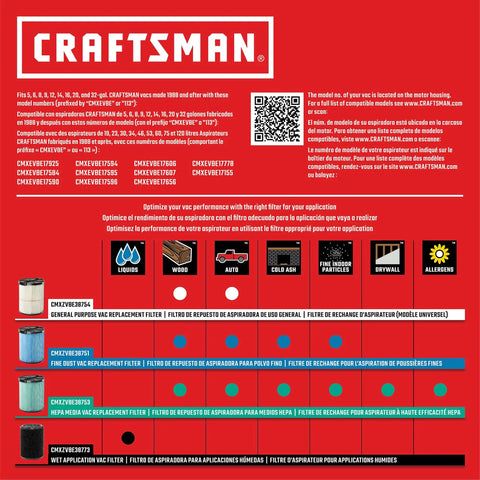 Craftsman vacuum filter compatibility chart for Genuine General Purpose Wet Dry Vacuum Replacement Filter For 5 To 20 Gallon Shop Vacs Easy Qwik Lock