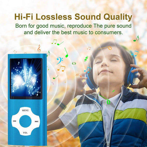 Dope 32GB MP3 Player With FM Radio And Voice Recorder One Point Eight Two Inch LCD Screen Blue with child listening music