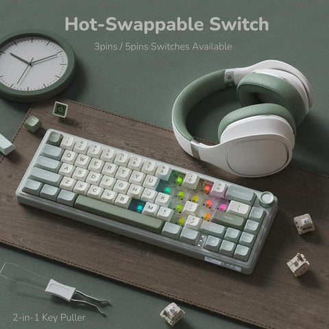 Gasket Mount 60 Percent Wired Mechanical Keyboard Hits Different With Hot Swap Linear Switches Smooth Pbt Keycaps And Rgb Backlight And Programmable Knob For Your Desk, set on wood surface with headphones.