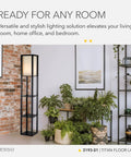 Tall Square Floor Lamp With Three Tier Open Shelves And Black Base Featuring Soft Fabric Shade next to a brick wall in living room.