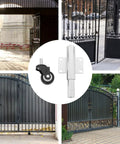 Heavy Duty Spring Loaded Gate Caster Wheel With Beefy Iron And Grippy Rubber Construction Smooth Retractable Fence Roller For Commercial And Residential Yards Quiet Shock Absorbing Action No Sweat Gate Glide Solution displayed with various gates.