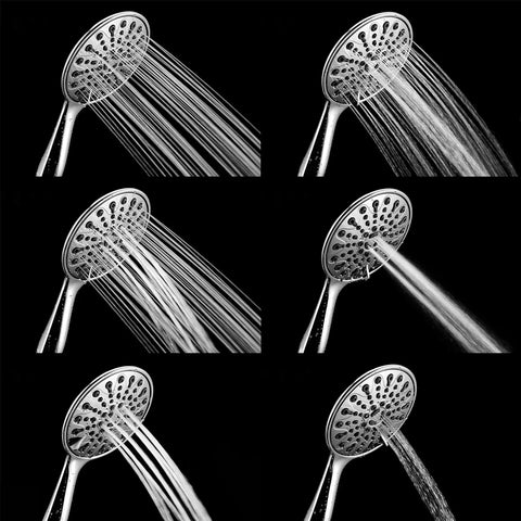 Handheld Shower Head With High Pressure And 6 Spray Settings, 6 Inch Chrome Face, multiple water spray patterns shown
