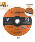 Image showing front view of 9" cut-off wheel, 0.075" thick, 7/8" arbor, labeled for metal/stainless use. Size and thickness details visible.