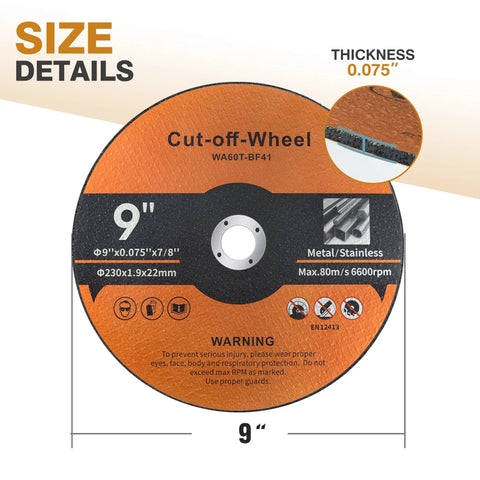 Image showing front view of 9" cut-off wheel, 0.075" thick, 7/8" arbor, labeled for metal/stainless use. Size and thickness details visible.