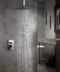 Heavy Duty Brushed Nickel Wall Mount Shower Combo Features A Square Ten Inch Ceiling Rain System And Handheld Spray Unit crafted from solid brass with water flowing.