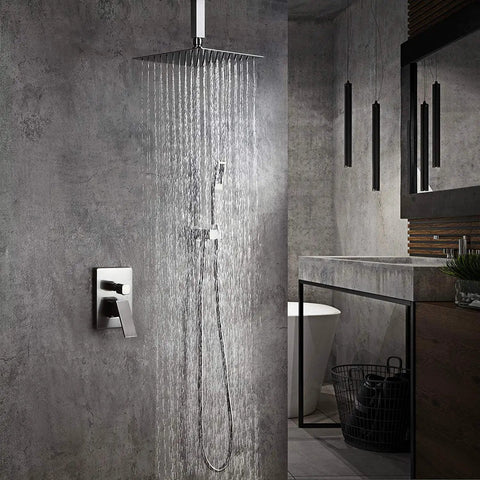 Heavy Duty Brushed Nickel Wall Mount Shower Combo Features A Square Ten Inch Ceiling Rain System And Handheld Spray Unit crafted from solid brass with water flowing.