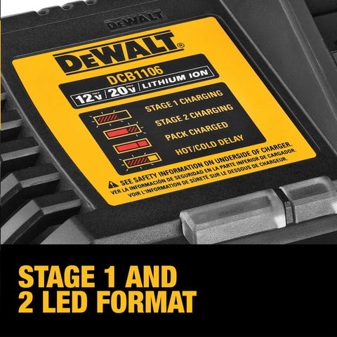 Close-up of battery charger label with LED charge indicator for 12V, 20V lithium packs. All In One Battery Charger For 12V Max, 20V Max, And FlexVolt 20V 60V Max Packs With Two Stage LED State Of Charge Indicator, Built In Mounting Latch, And Thru Hole Wall Mounting Compatibility For Easy Plug In And Go On Wall Charging.