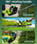 Cordless 20 Inch Hedge Trimmer With Battery Pack, 3000 RPM Brushless Motor showing 180 Degree Rotating Head in garden use