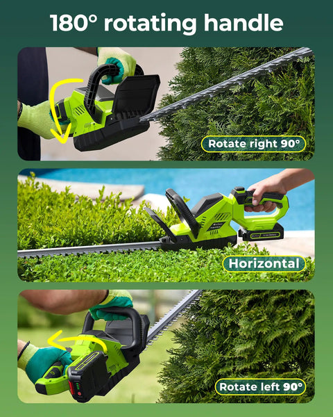 Cordless 20 Inch Hedge Trimmer With Battery Pack, 3000 RPM Brushless Motor showing 180 Degree Rotating Head in garden use