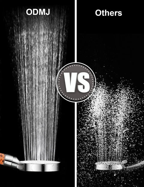 Filtered Shower Head With Six Spray Modes, No-Fuss High-Pressure Handheld Filter VS competitor showing water flow difference