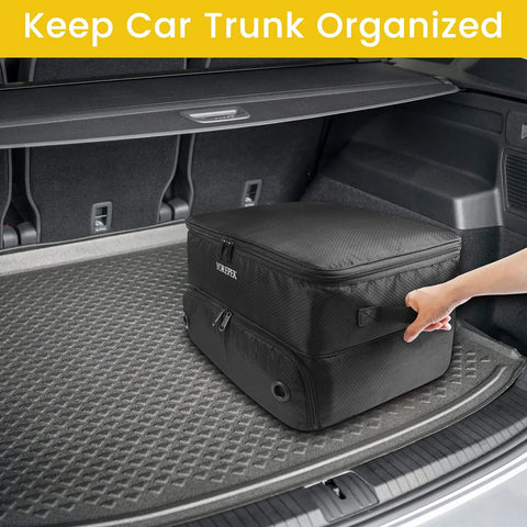 Two Layer Golf Trunk Organizer With Ventilated Shoe Compartment for Two Pairs Shoes shown in car trunk