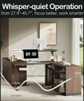 Extra Large Electric Standing Desk 114 Inch Wide With Two Spacious File Cabinets showing whisper-quiet operation and height adjustment features.