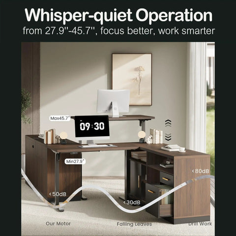 Extra Large Electric Standing Desk 114 Inch Wide With Two Spacious File Cabinets showing whisper-quiet operation and height adjustment features.