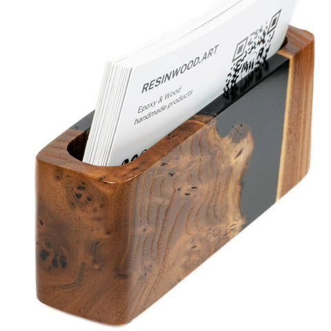 Black Wood And Epoxy Card Holder And Desk Organizer For Office Decor with elegant design and sleek slim card display stand.