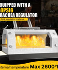 Dual Burner Propane Forge Kit 2600F For Blacksmithing And Knife Making with visible flames and portable door design in a workshop.