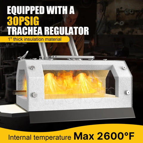 Dual Burner Propane Forge Kit 2600F For Blacksmithing And Knife Making with visible flames and portable door design in a workshop.