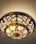 Tiffany Style Ceiling Light With Stained Glass Vibe 2 Light 12 Inch Flush Mount For Bedroom Dining Living Room Hallway Entryway Foyer Elegant Home Decor Glow, showing amber brown stained glass pattern