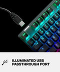 Top Tier Mechanical Gaming Keyboard Featuring Integrated OLED Display USB Passthrough Media Controls Heavy Duty Aluminum Housing Tactile Clicky Blue Switches Full Spectrum RGB Lighting For Gamers close-up on illuminated USB passthrough port.