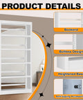 Product details of Beefy 5-Tier Metal Bookshelf With Adjustable Shelves, 69 Inch Tall, White Powder-Coated Steel, Bookcase shown.