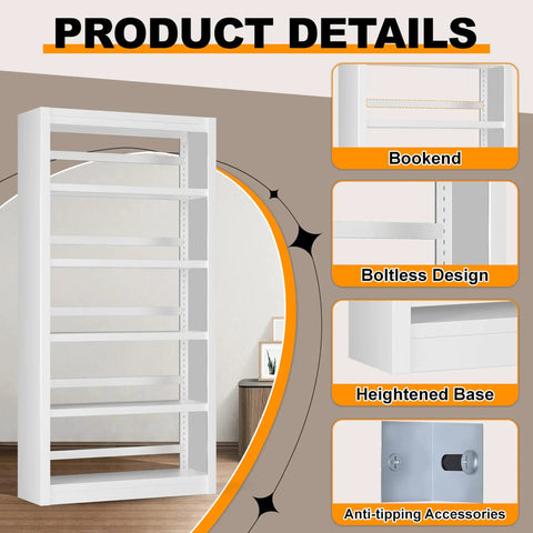 Product details of Beefy 5-Tier Metal Bookshelf With Adjustable Shelves, 69 Inch Tall, White Powder-Coated Steel, Bookcase shown.